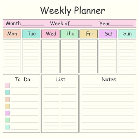 Weekly Calendar Template with Notes and To-Do List