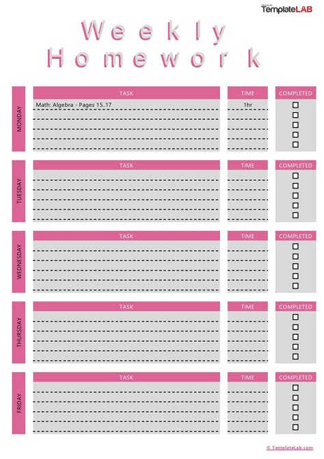 Weekly Homework Planner Template