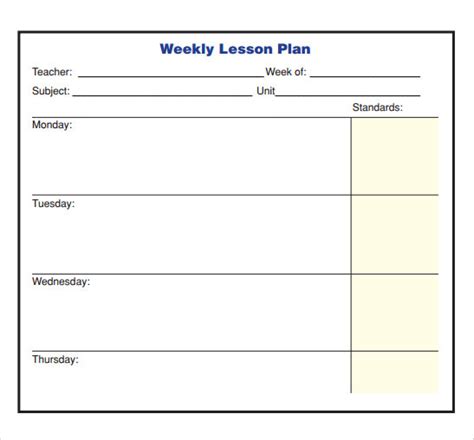 Weekly Lesson Plan Template with Standards