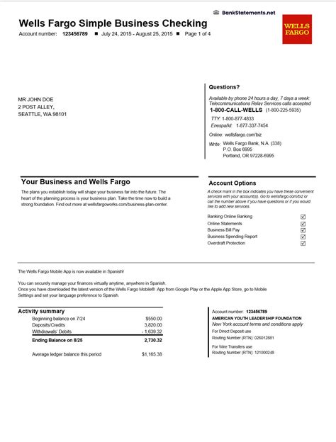 Wells Fargo Bank Statement Template