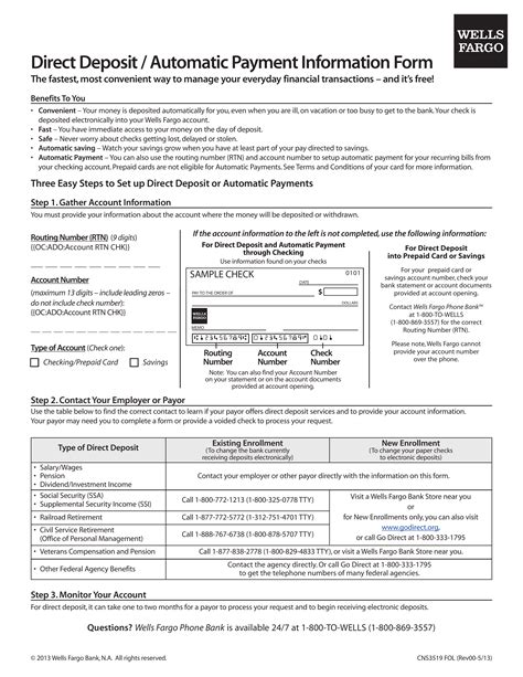 Wells Fargo Direct Deposit Form Layout