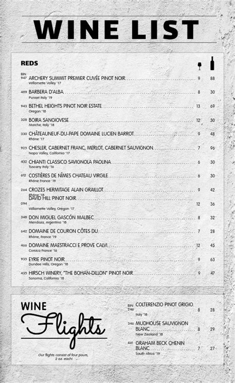 Wine Flight Menu Example