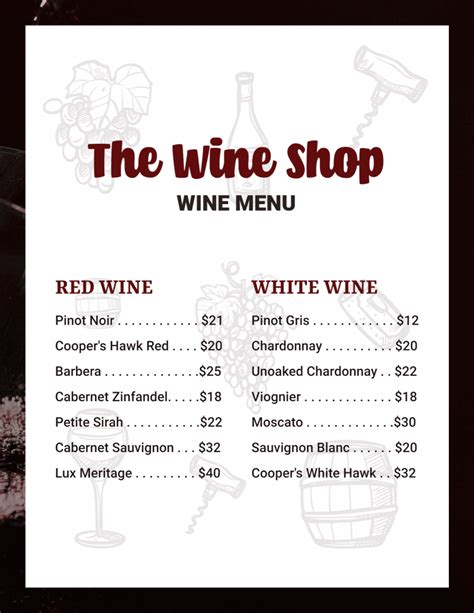 Wine menu on a black background