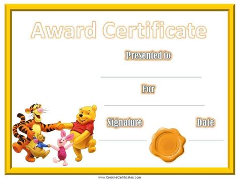 Winnie the Pooh certificate of achievement