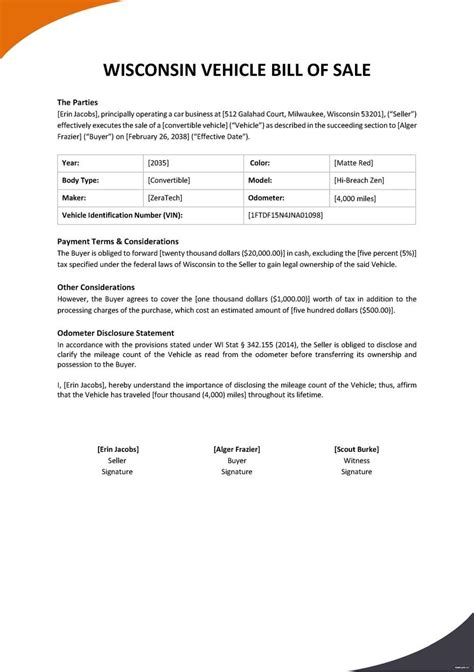 Wisconsin Vehicle Bill of Sale Template 1