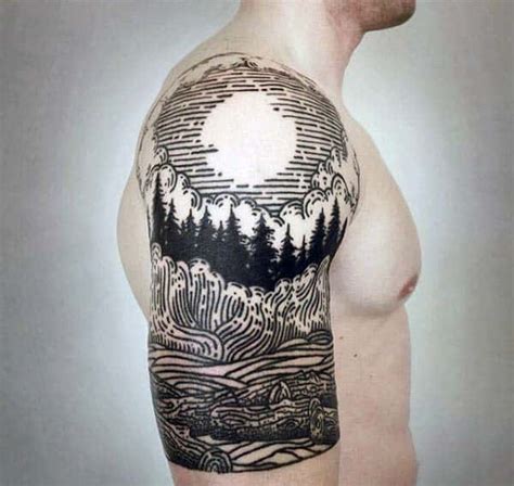 Wood Cut Style Tattoos for Shoulder