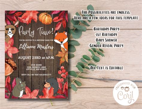 Woodland fall birthday invitation template