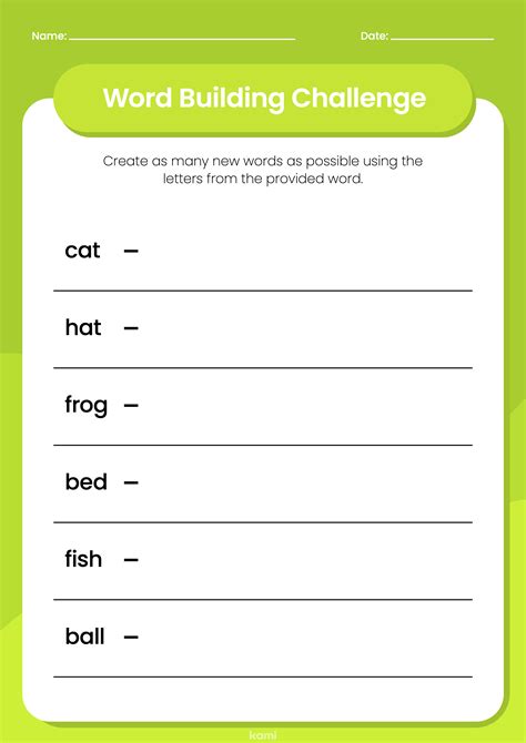 A lettering worksheet with word building exercises