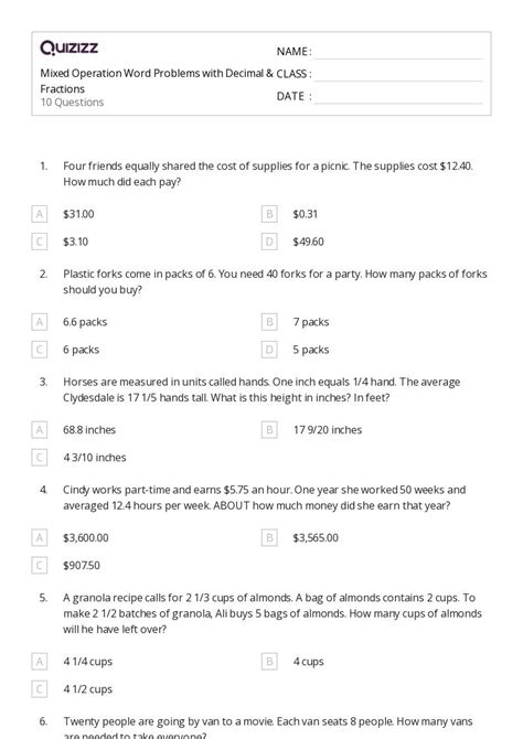 Word Problems Worksheets for 6th Grade