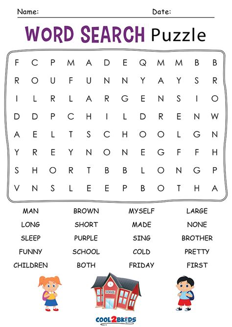 Image of word search worksheet with a list of words to find