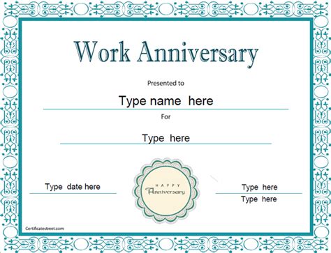 Work Anniversary Certificate Template Word