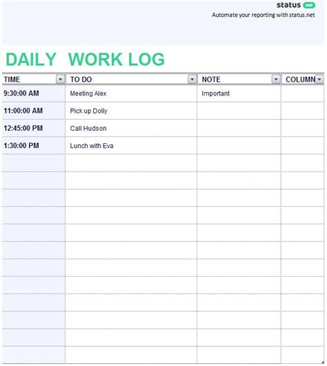 Work Log Template Excel 2