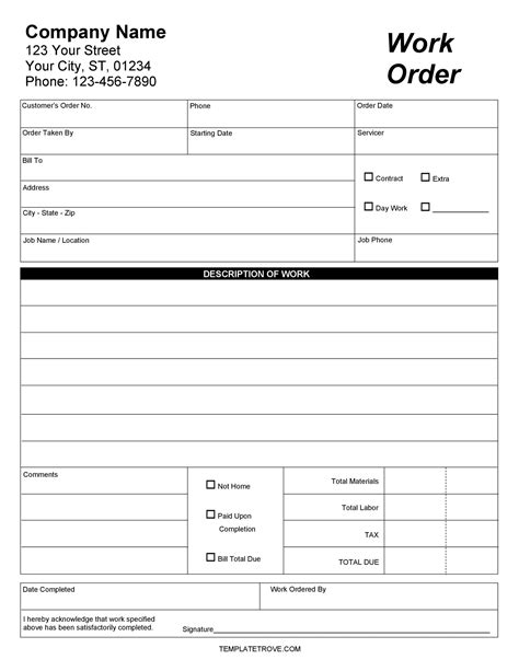 Work Order Form Template Design