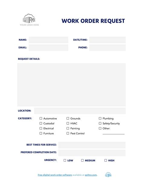 Work Order Request Template Fields