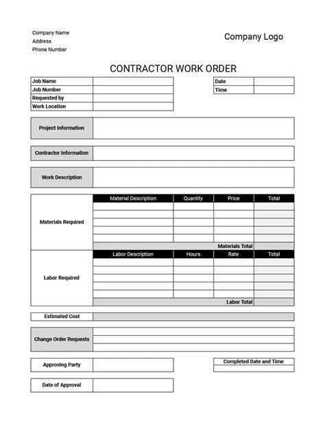 Work order template format