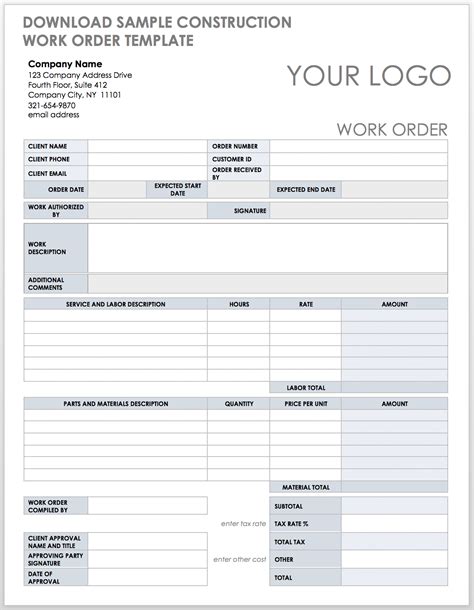 Work order template sample