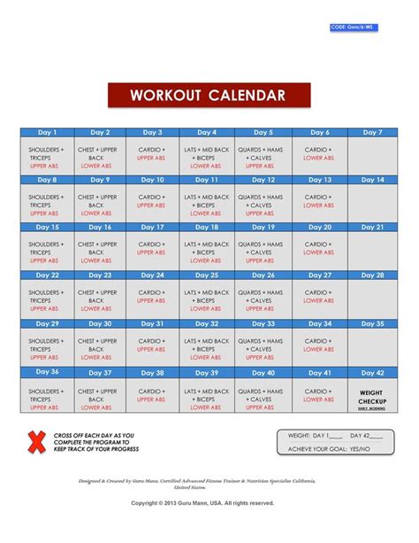 Workout Calendar Template for Men