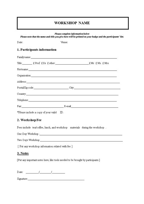 Workshop Registration Form Template in Word