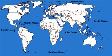 World map with countries and oceans