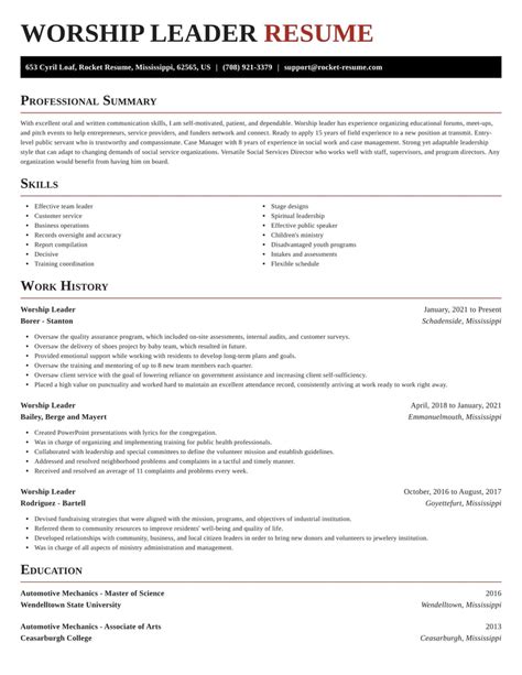 Worship Leader Resume Template Example 1