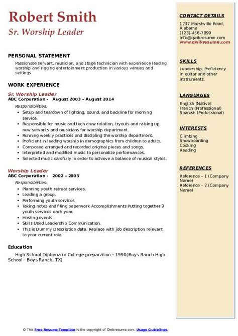 Worship Leader Resume Template Example 2