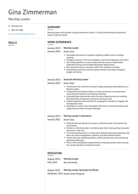 Worship Leader Resume Template Example 3