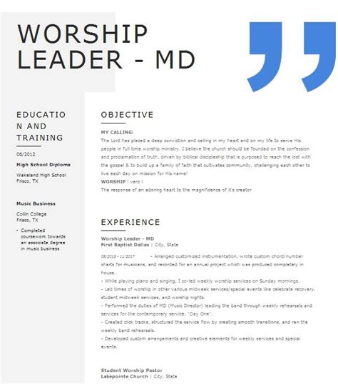 Worship Leader Resume Template Example 5