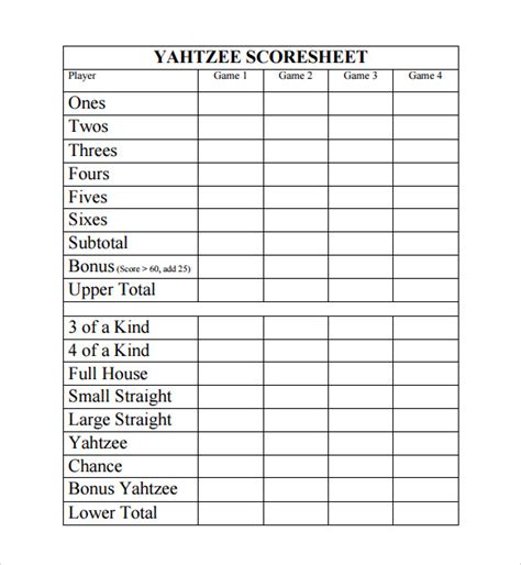 Yahtzee Score Sheet Google Docs