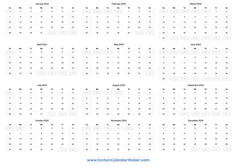 A landscape-oriented year-at-a-glance calendar for 2024