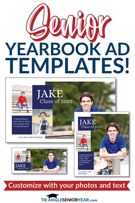 A yearbook ad template with different font combinations and color palettes