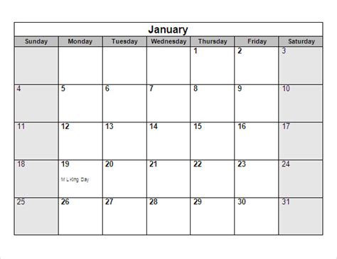 Yearly calendar template in Word