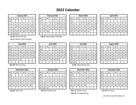 A yearly calendar with holidays