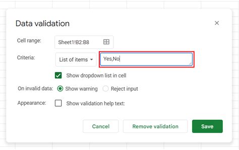 Yes No Dropdown in Excel