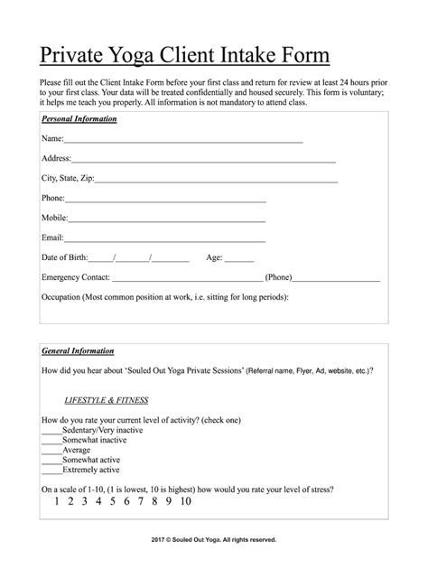 Yoga Intake Form Template Example