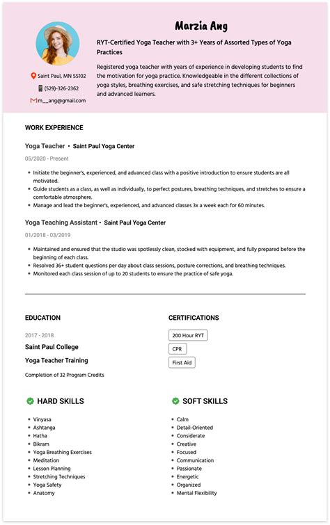 Yoga teacher resume example 5