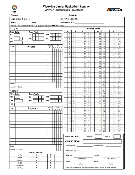 Youth Basketball Score Sheets