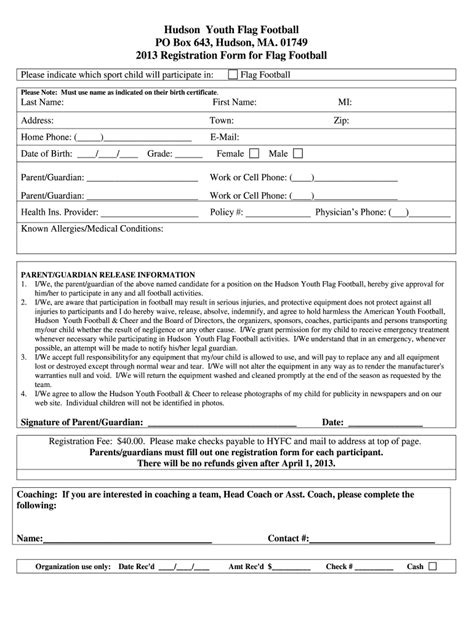 Youth Football Registration Form Sample