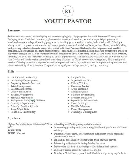 Youth Pastor Professional Summary