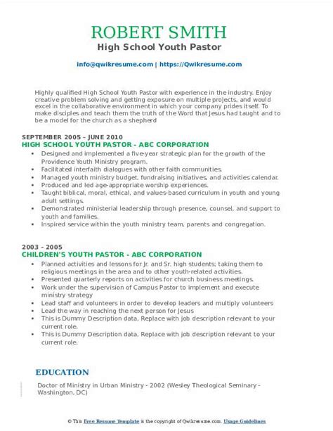 Youth Pastor Resume Education