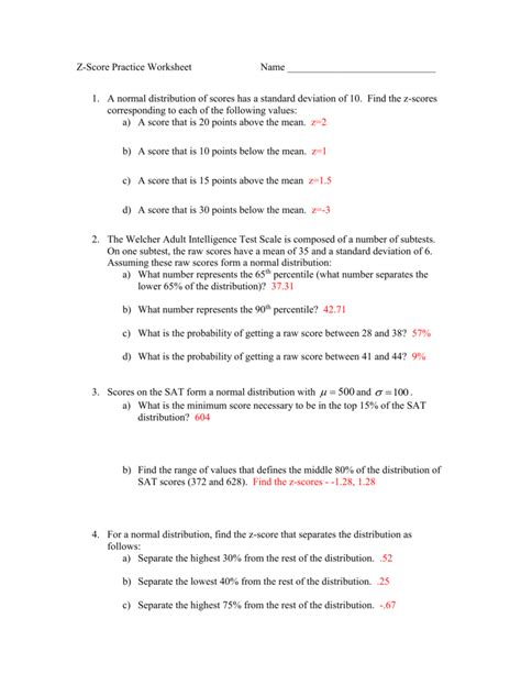 Z Score Practice Worksheet With Solutions and Examples