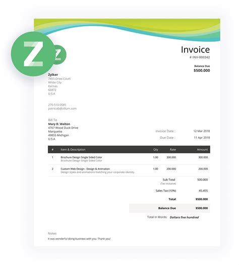 Zoho Invoice Template Example